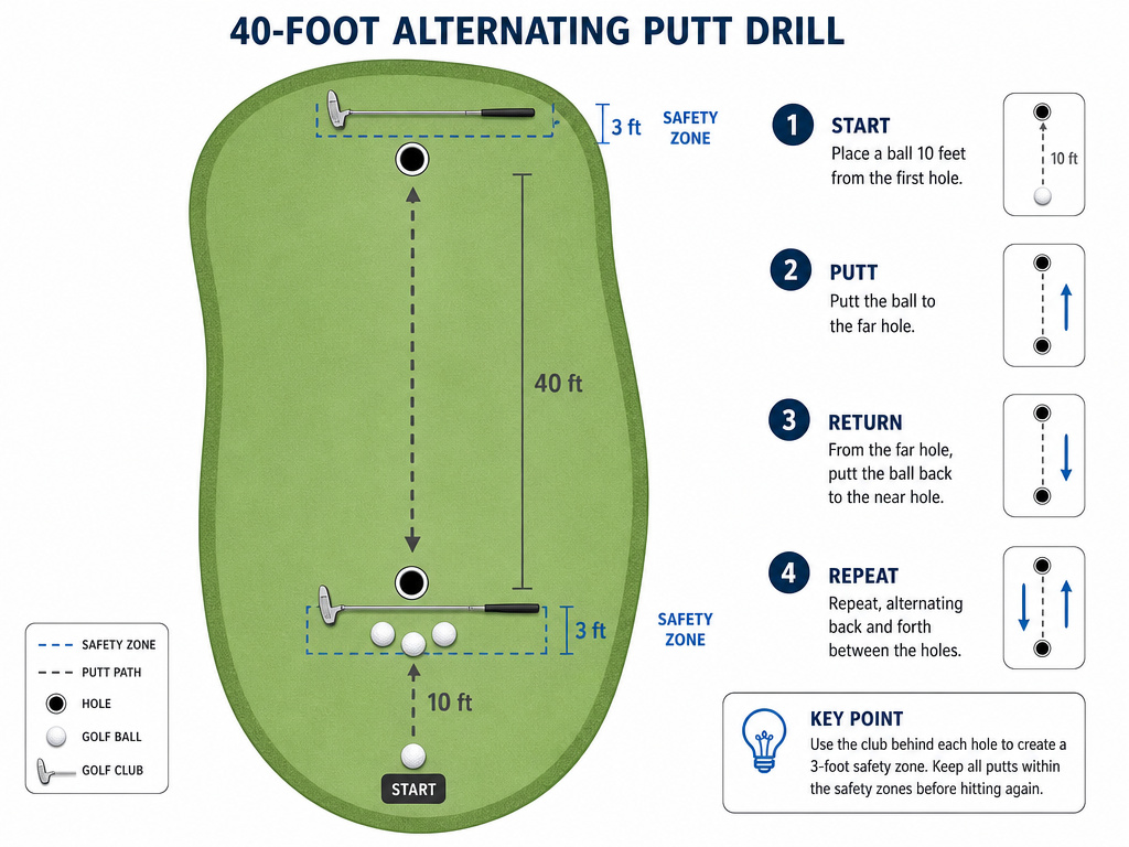 Jordan Spieth putting drill diagram showing TPI Safety Zone and alternating targets.