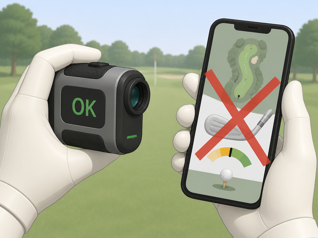 Cartoon explaining allowed and prohibited golf equipment under basic rules.
