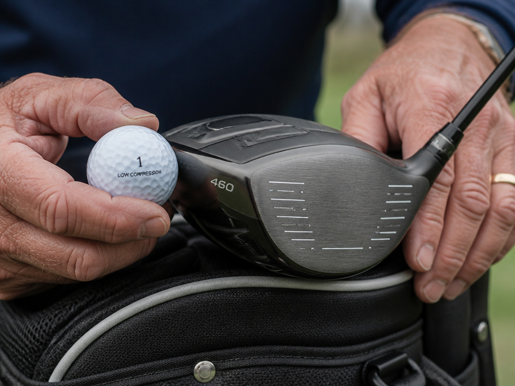 Senior golfer's hands holding a low-compression golf ball and a high-MOI driver.