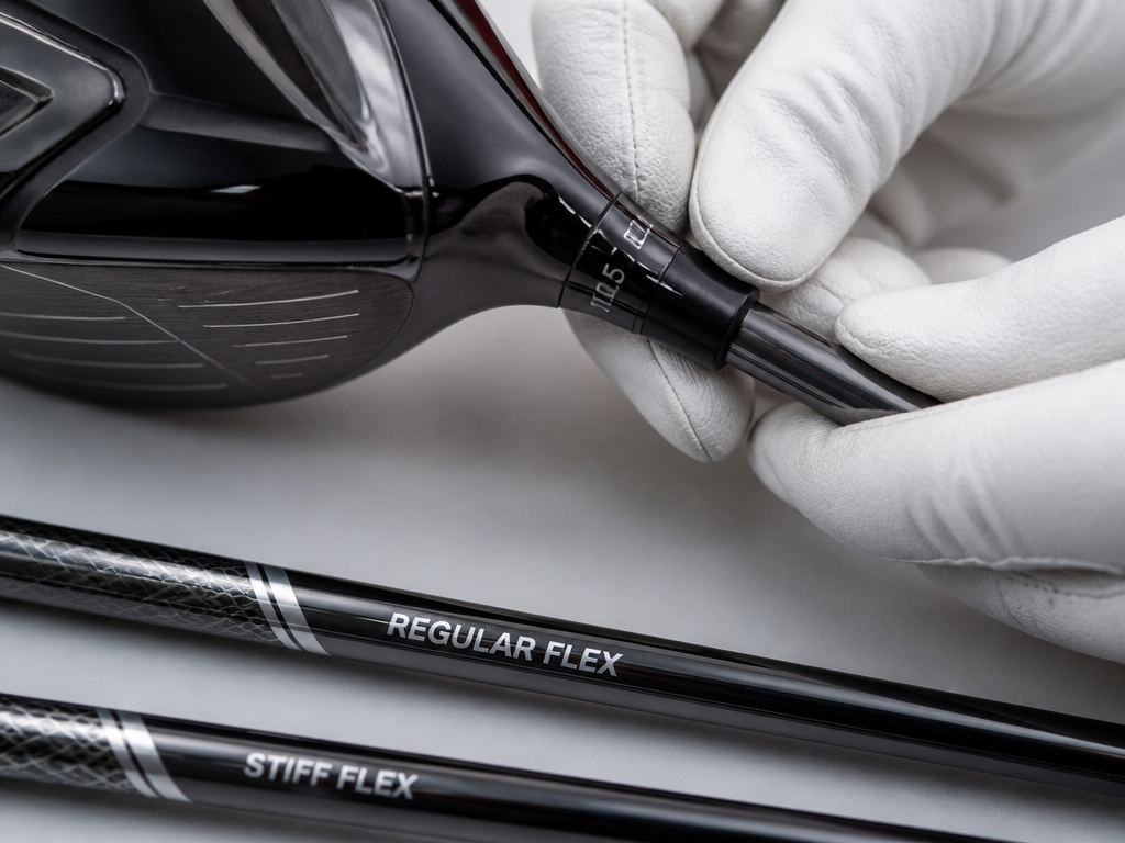 Close-up of a golfer adjusting driver loft and comparing shaft flex options.