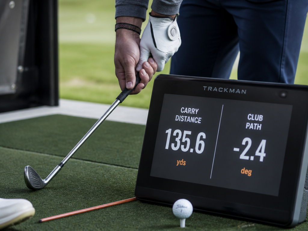 Essential golf practice tools on a mat: launch monitor, alignment stick, and wedge.