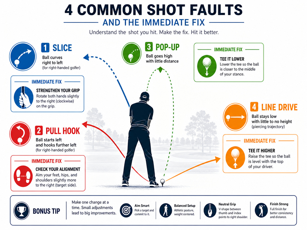 Golf driver faults and fixes infographic for slice, hook, pop-up, and line drive.