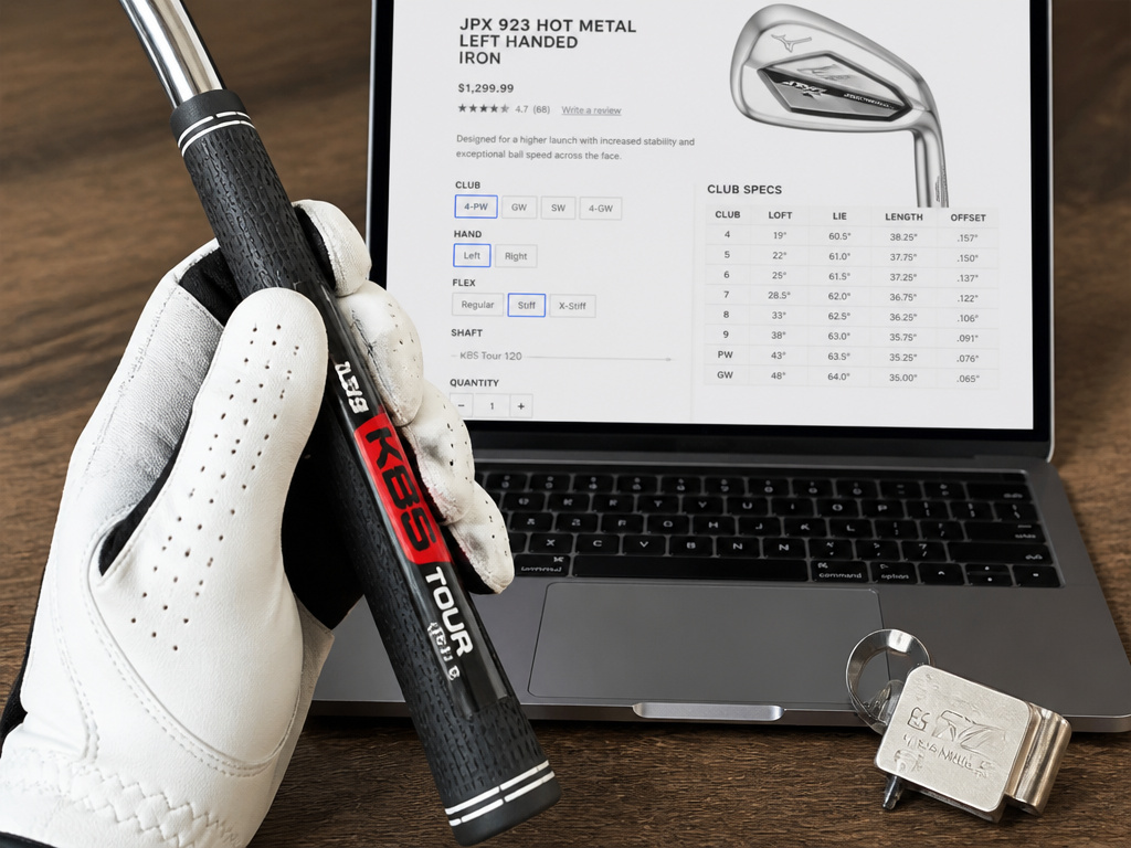 Left-handed golfer checking club specifications on a laptop before buying online.