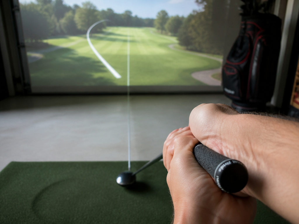 Golfer visualizing a shot draw while holding a driver during home practice.