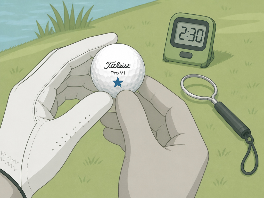 Golfer identifying a uniquely stamped ball under time pressure of lost ball rule.