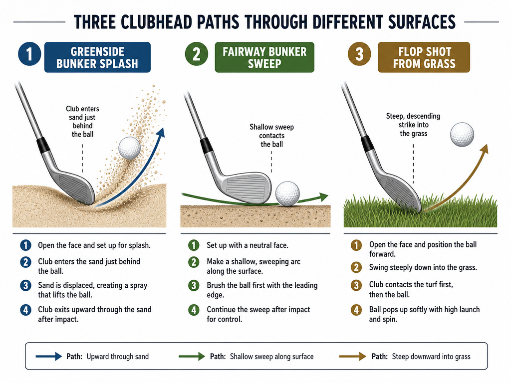 Diagram comparing swing paths for greenside bunker, fairway bunker, and flop shots.