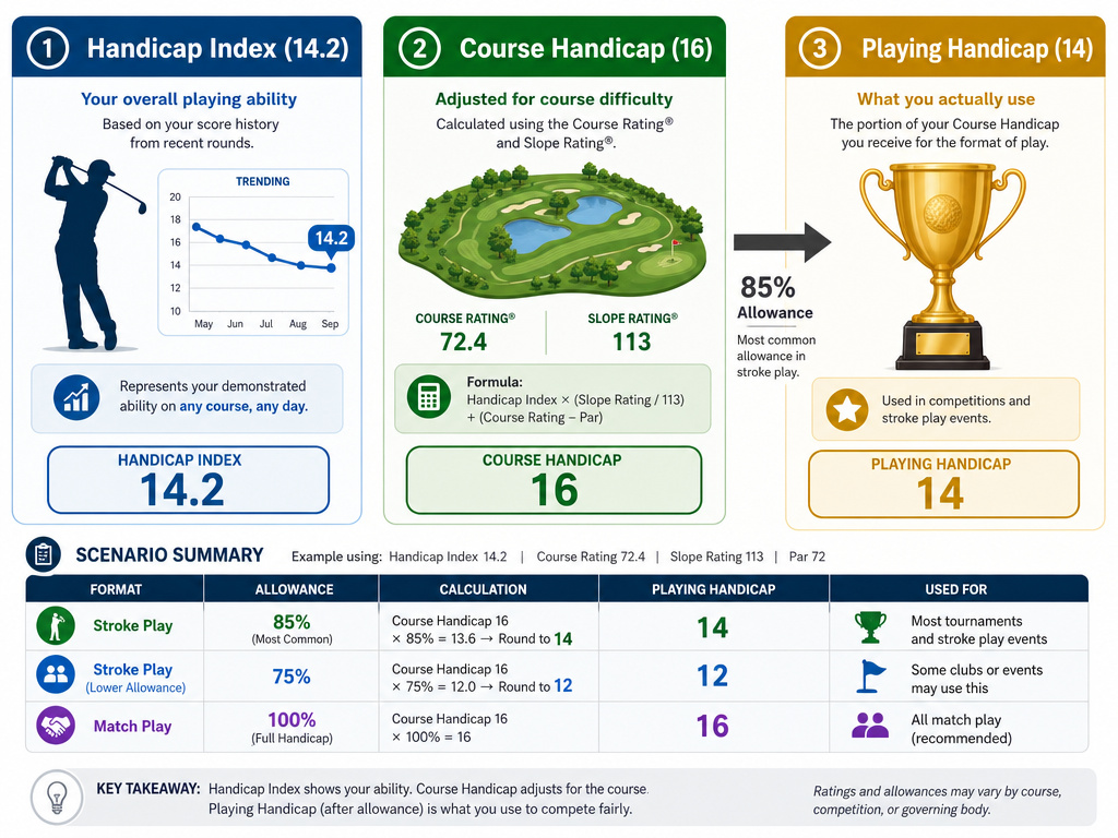 Infographic comparing Handicap Index, Course Handicap, and Playing Handicap in golf.
