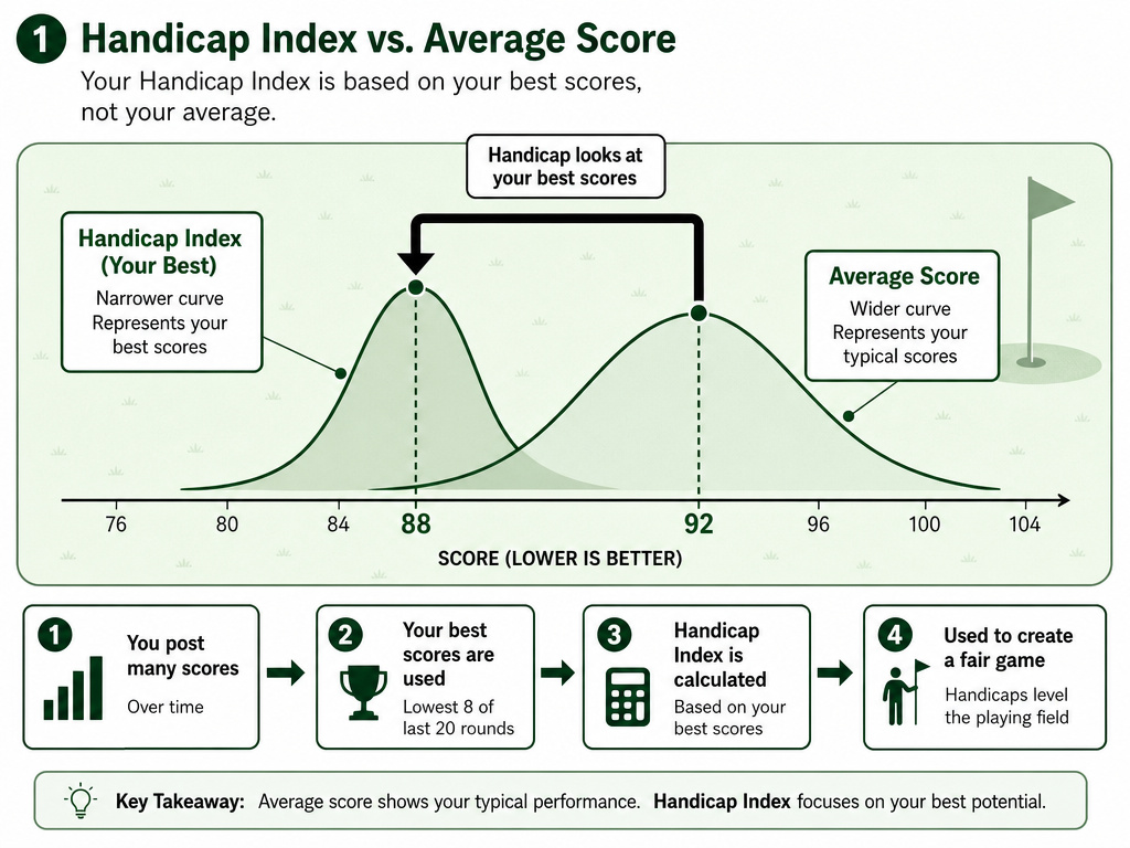 Diagram comparing a golfer's average score versus their lower handicap index.