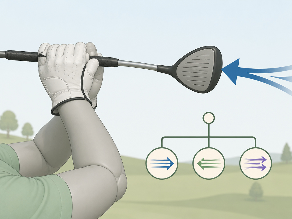 Golfer's hands hitting knockdown shot into headwind, with wind strategy decision tree