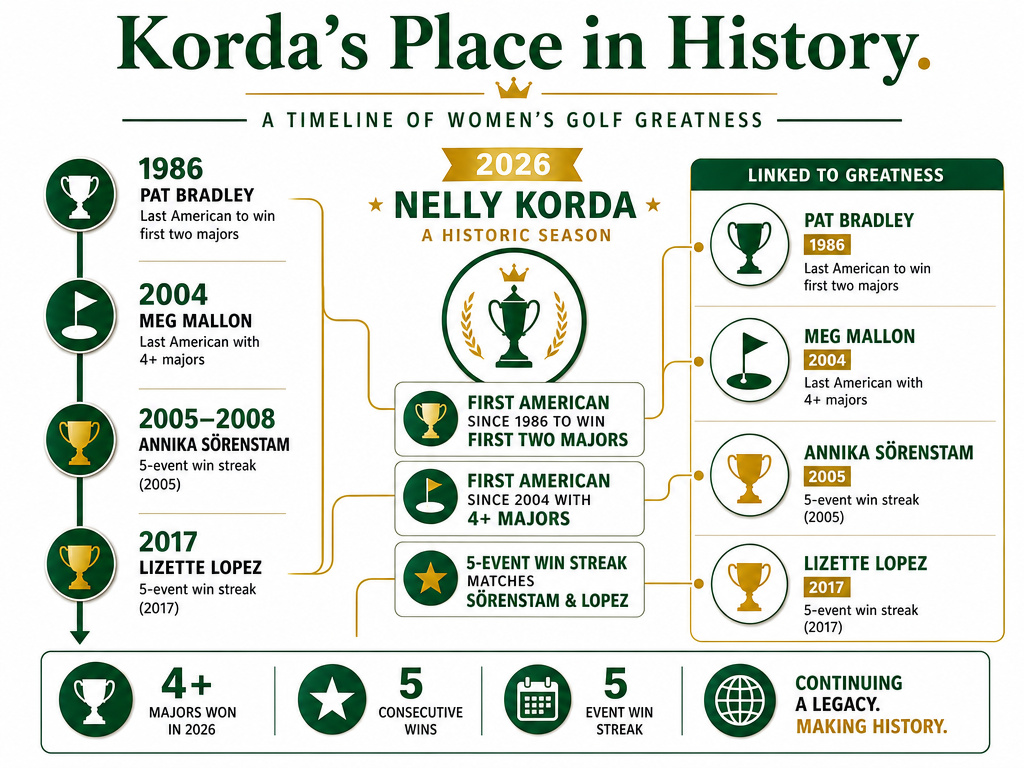 Infographic timeline comparing Nelly Korda's historic 2026 run to golf legends.