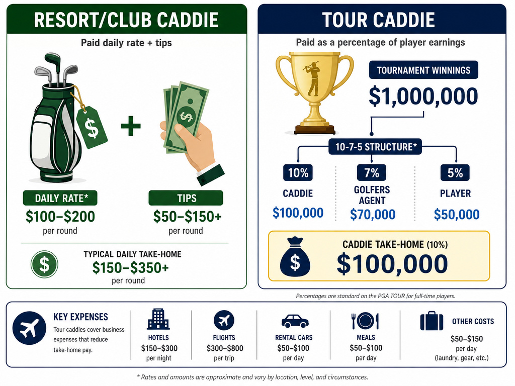 Infographic comparing how resort and professional golf caddies get paid differently.