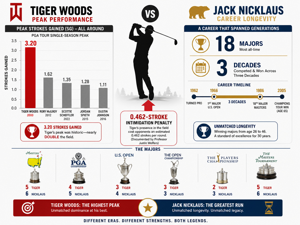 Infographic comparing Tiger Woods's statistical peak to Jack Nicklaus's major record.