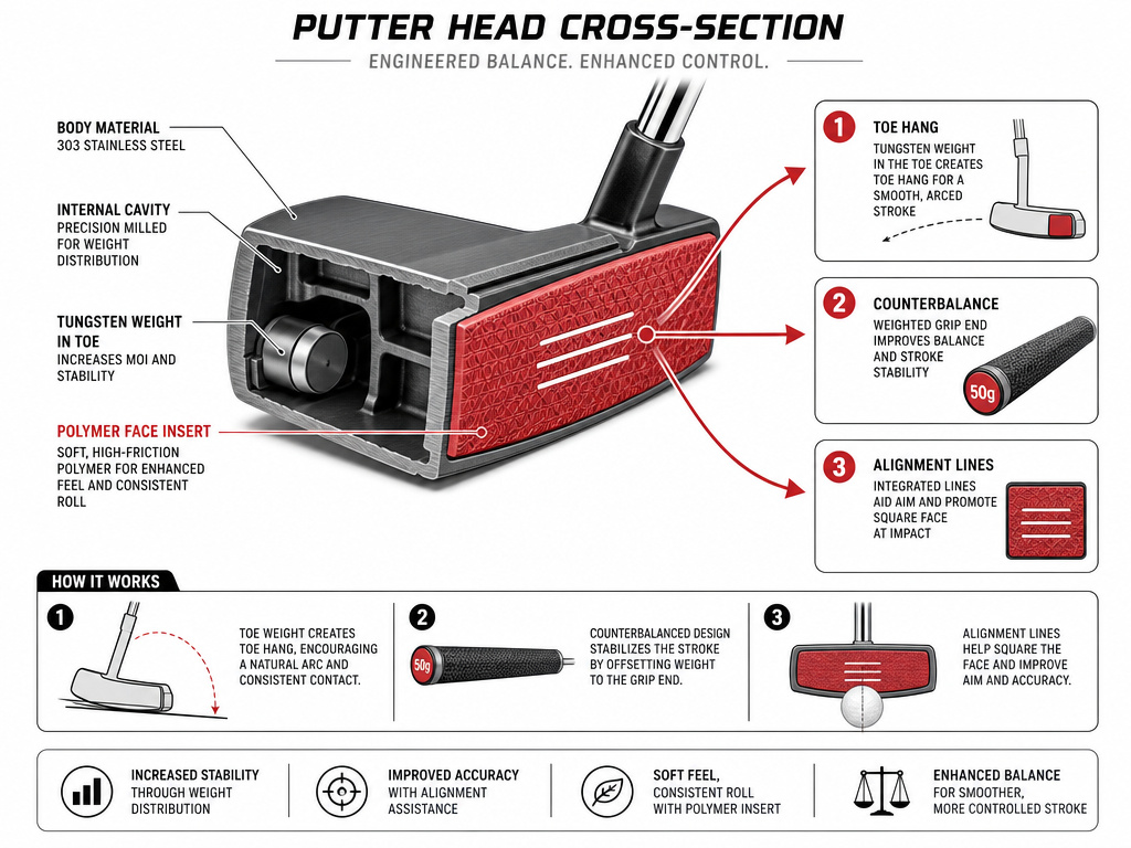 Diagram showing how a putter face insert affects balance, weight, and alignment.
