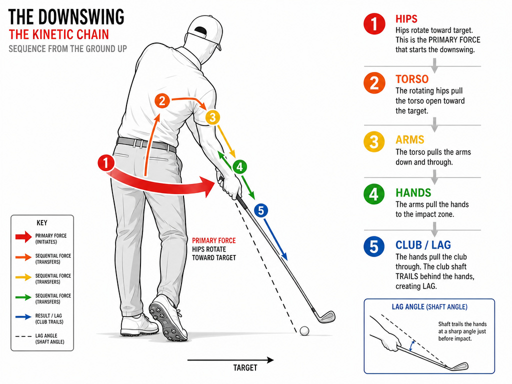 Diagram showing hip rotation creating wrist lag in the golf swing sequence.
