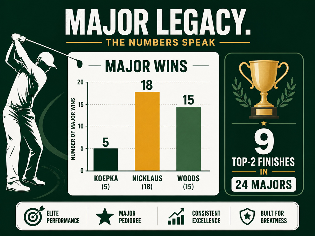 Infographic comparing Brooks Koepka's major championship record to golf legends.