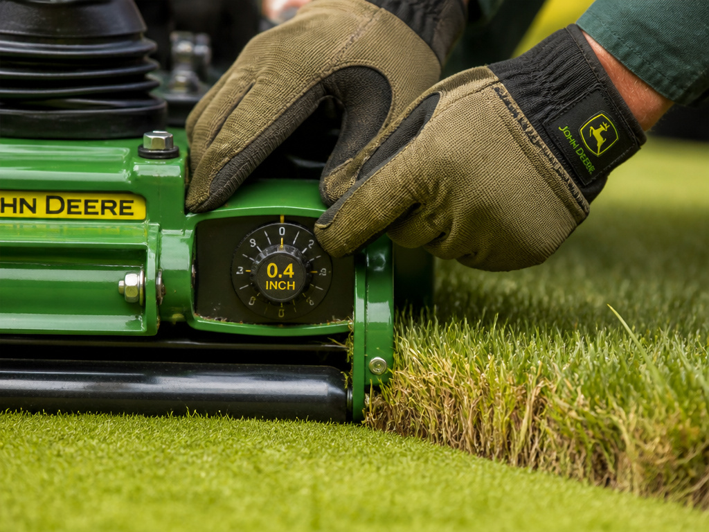 Close-up of adjusting mower height for fairway versus rough grass conditions.