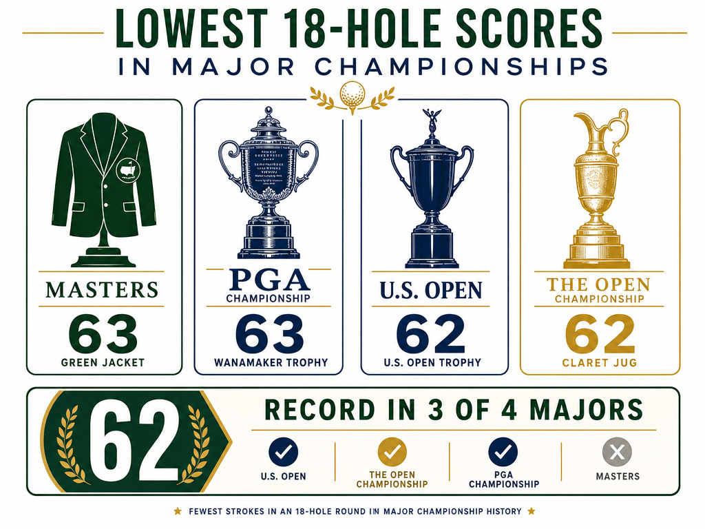Infographic showing the lowest single-round scores in golf's major championships.