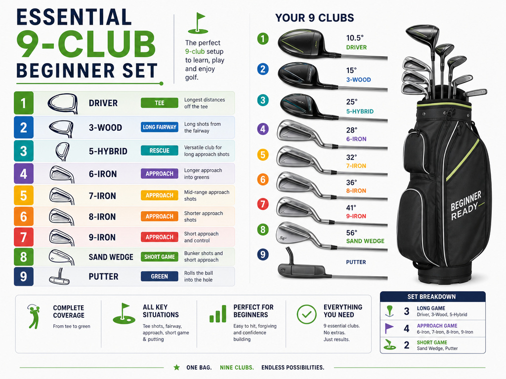 Infographic showing the recommended nine golf clubs for a beginner set composition.