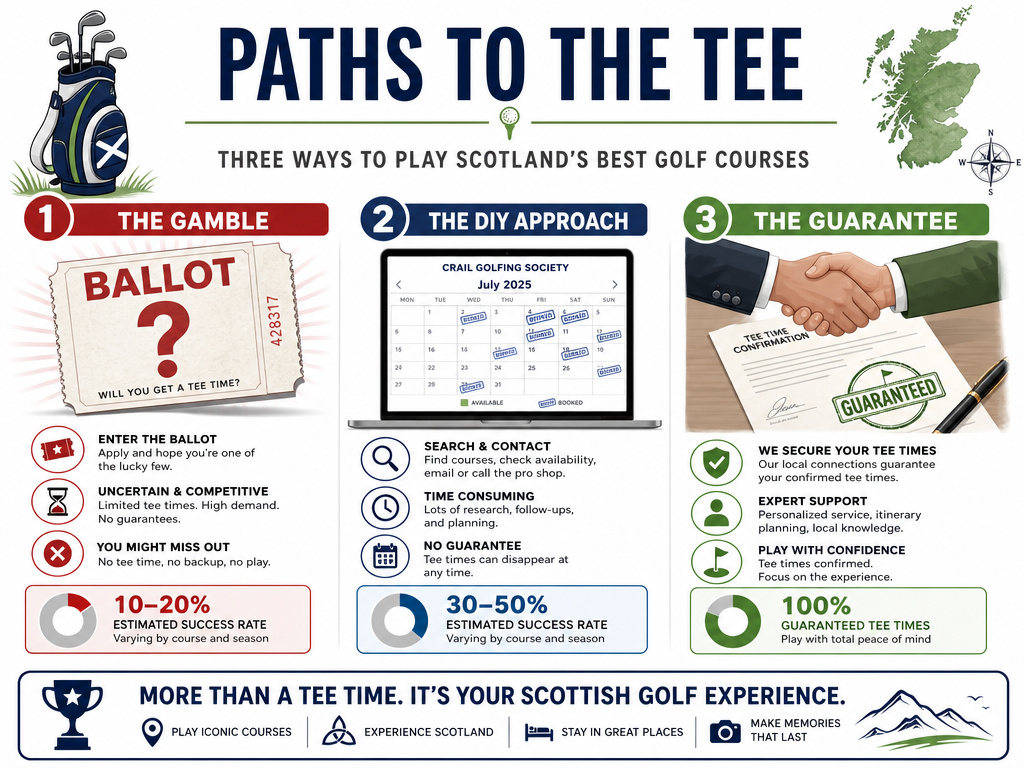 Three methods for securing golf tee times in Scotland: ballot, direct booking, tour operator.