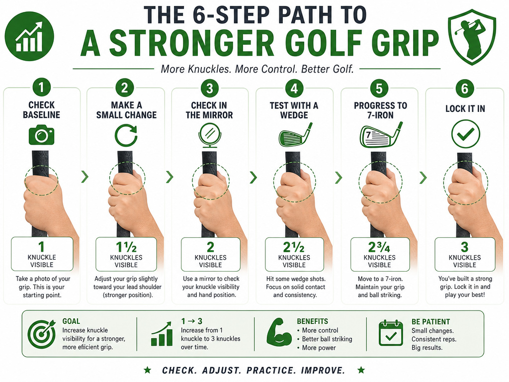 Six-step infographic for changing from a weak to strong golf grip.