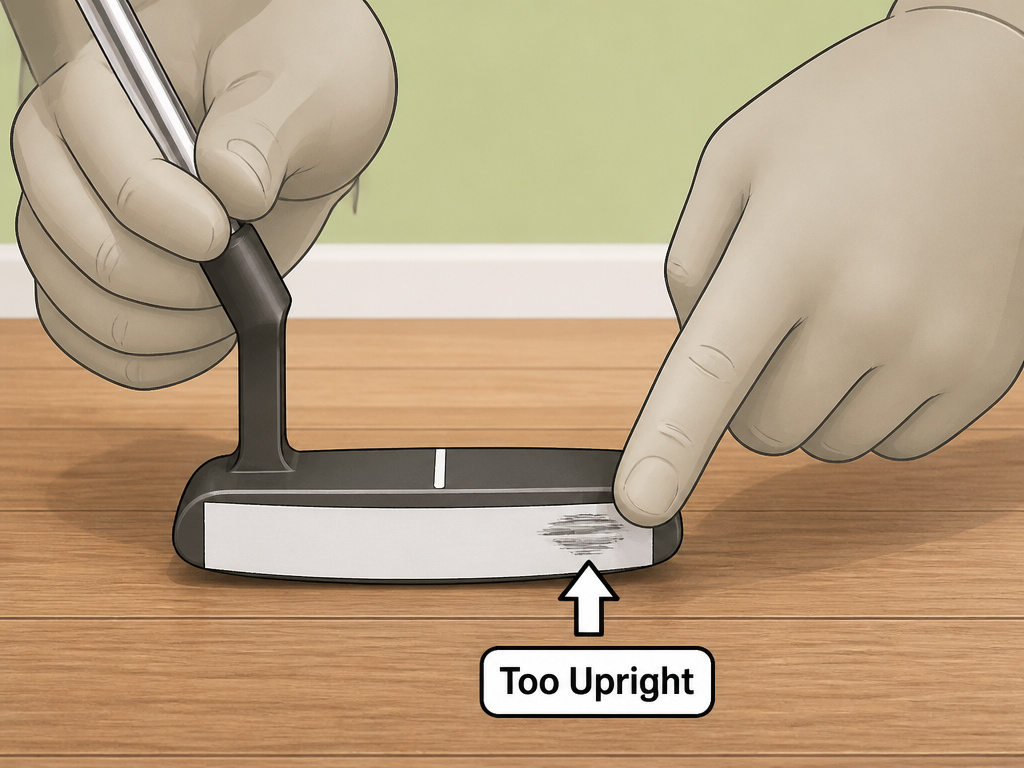 Cartoon diagram showing how to check putter lie angle with tape test.