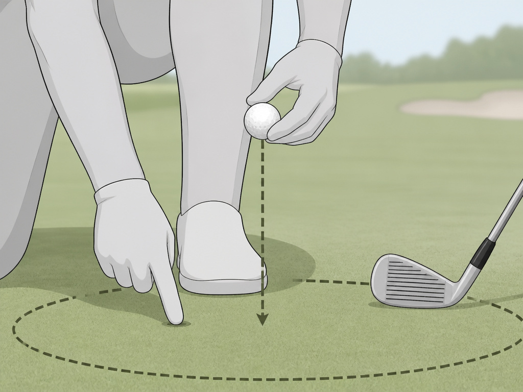 Golfer correctly dropping a golf ball from knee height within a relief area.
