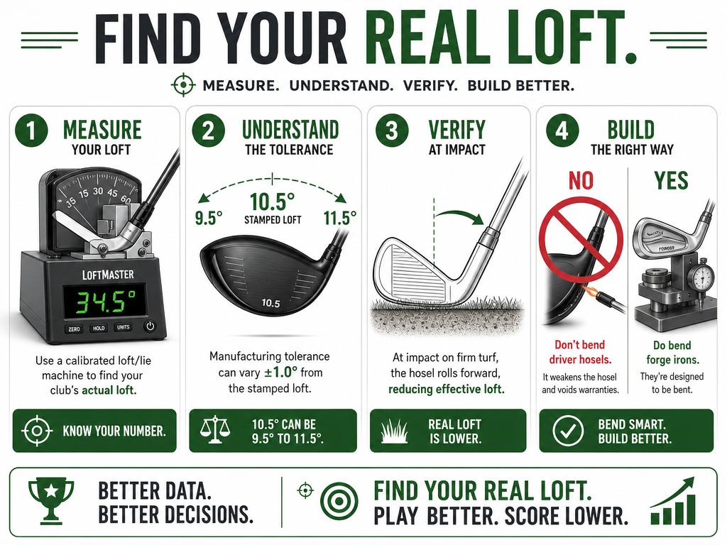 Golf club loft measurement, manufacturing tolerance, and adjustment infographic.