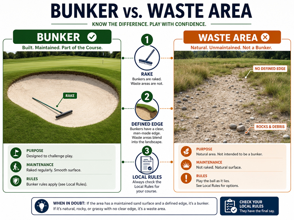 Infographic comparing bunker vs waste area identification in golf.