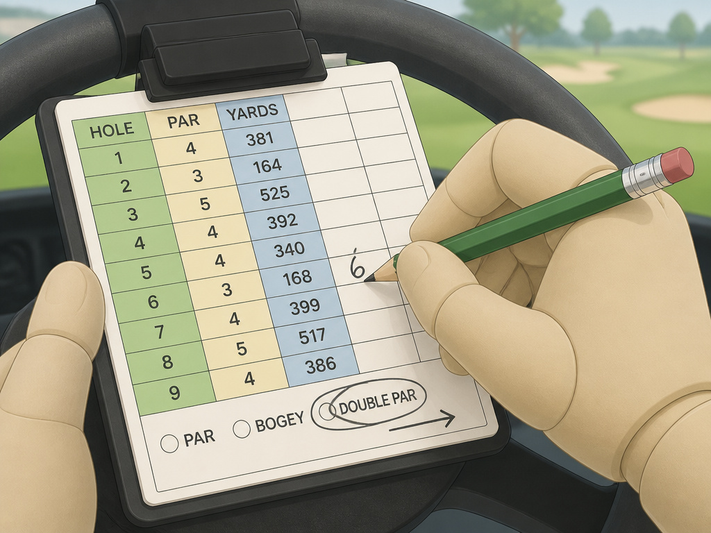 First-time golfer's hand marking a scorecard, highlighting double par rule.