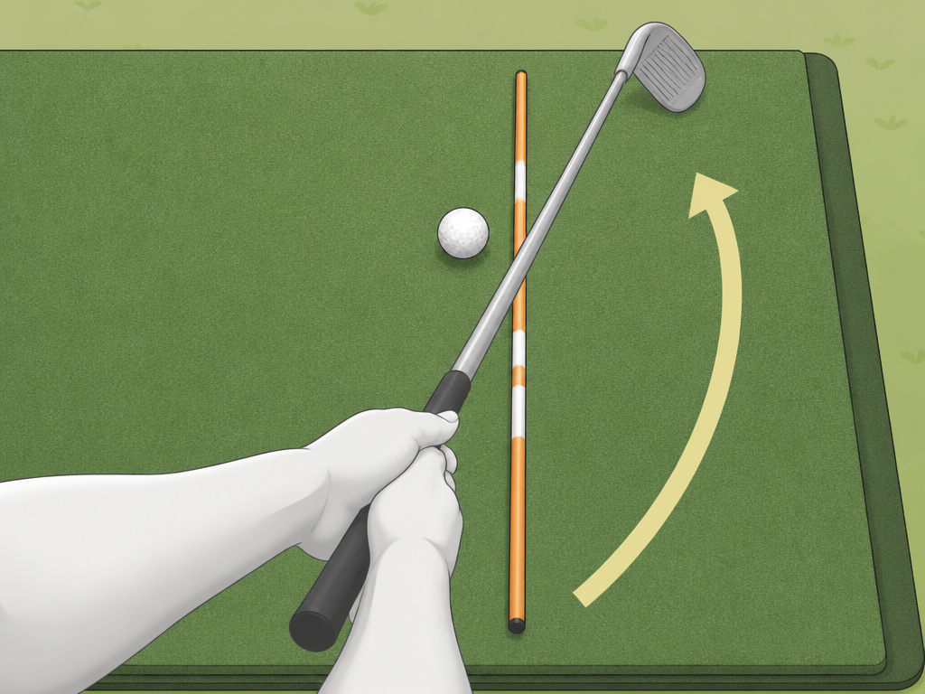 Golf practice setup for hitting a draw shot with alignment stick