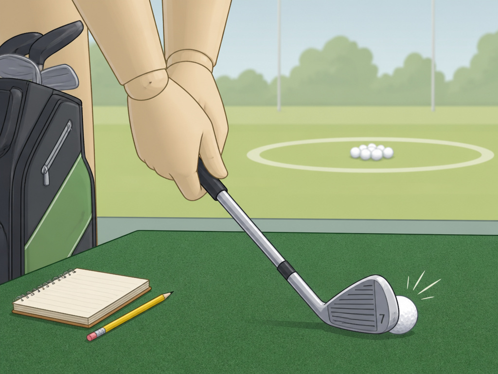 Golfer practicing iron shots to a tight target dispersion on the driving range.