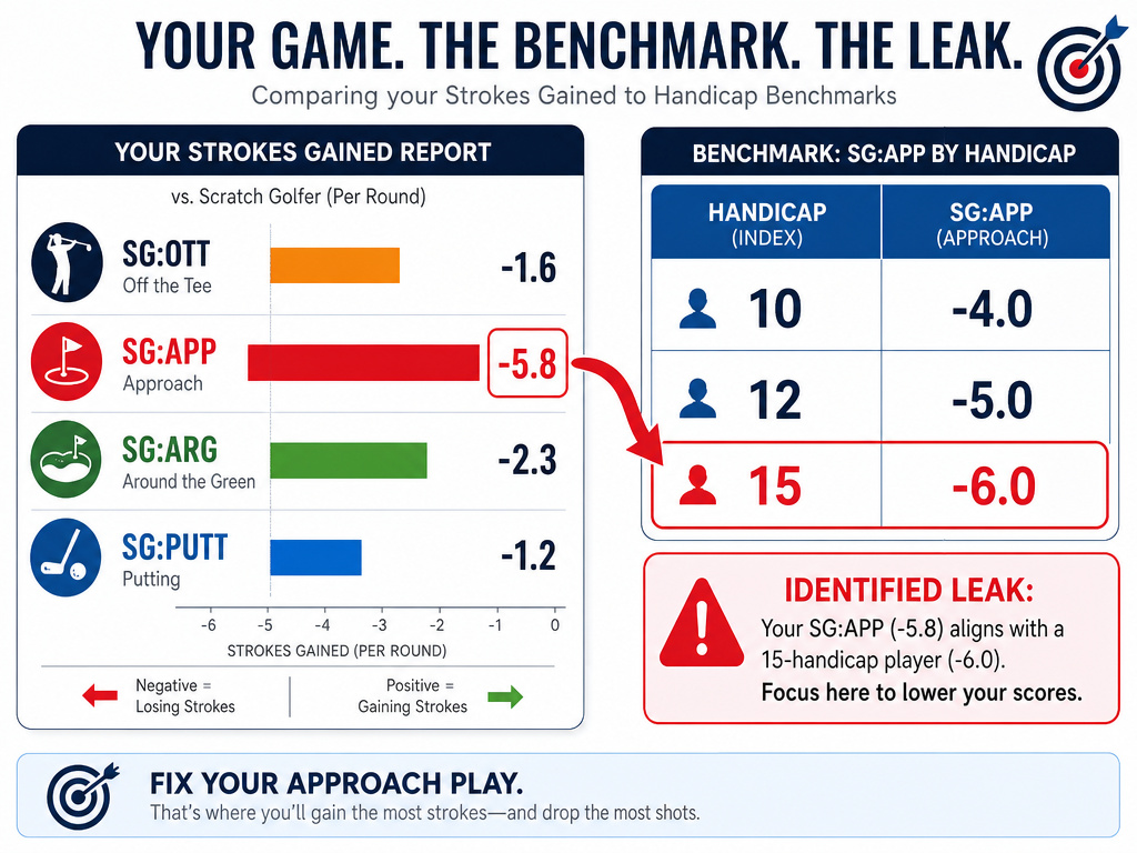 Strokes gained report analysis compared to handicap benchmarks infographic