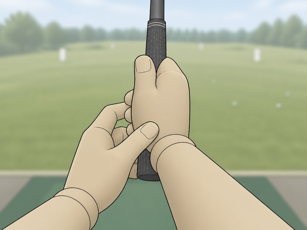 Golfer's hands adjusting to a weaker golf grip to fix a hook
