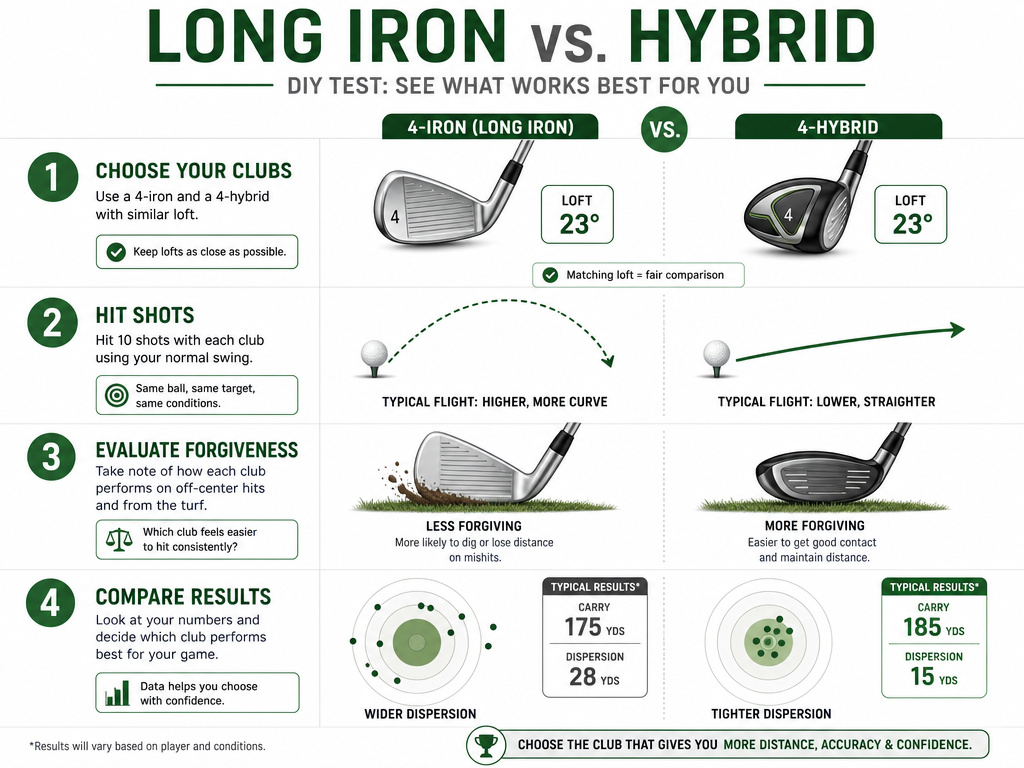 Infographic comparing how to test long irons versus hybrids on the driving range.