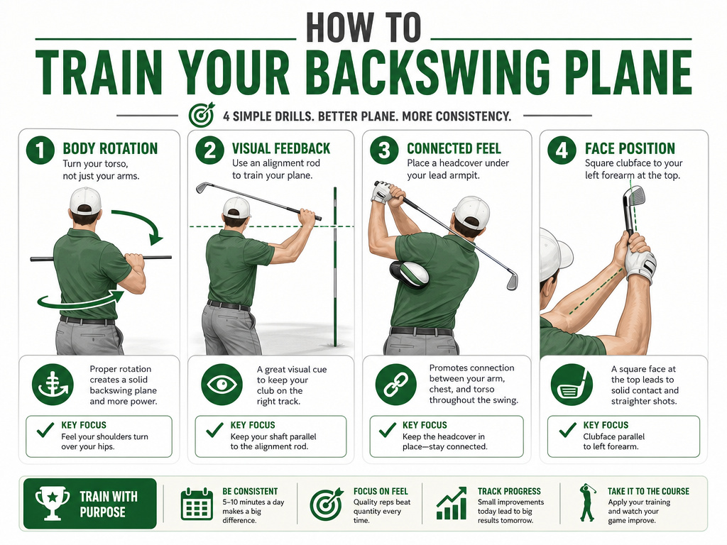 Four effective drills and tools for training a proper golf backswing plane.