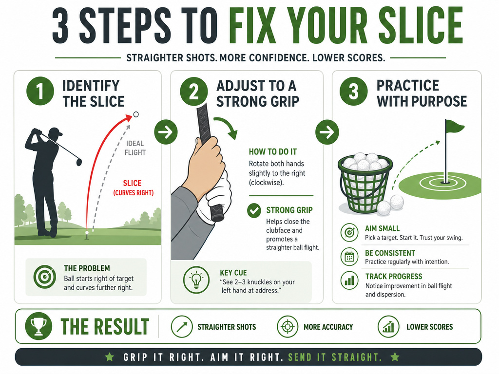 Infographic on applying Ben Hogan's five fundamentals to diagnose and fix golf swing faults