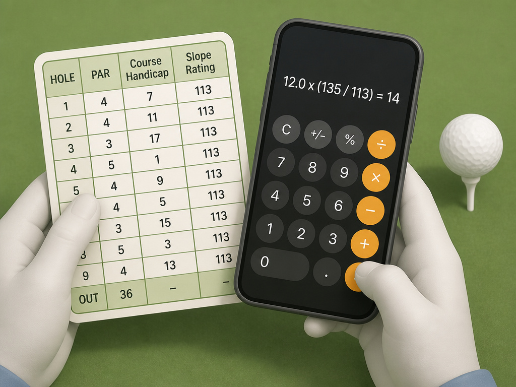 Golfer's hands calculating Course Handicap using Slope Rating on a phone and scorecard.