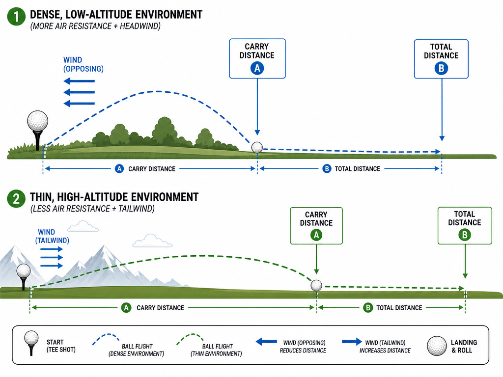 Diagram comparing golf ball carry and total distance in wind versus high altitude.