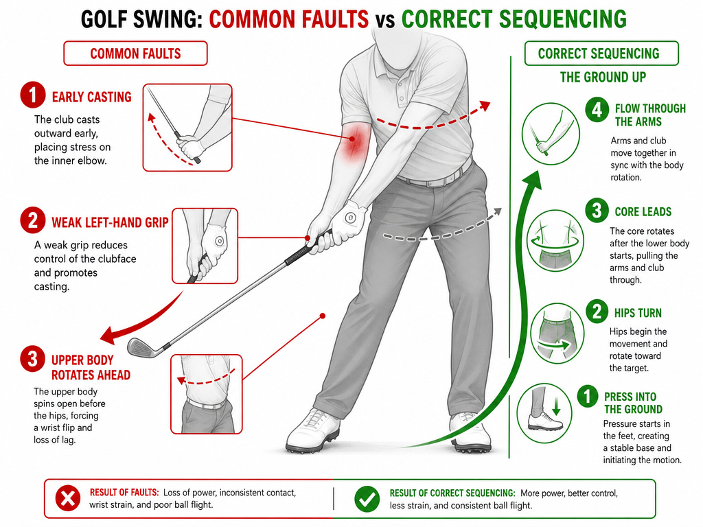 Golf swing mechanics diagram showing causes and prevention of golfer's elbow.