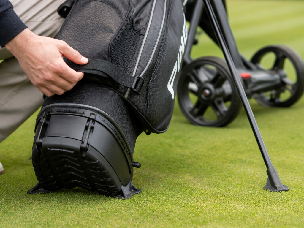 Hybrid golf bag with stand legs deployed next to a push cart on the course.