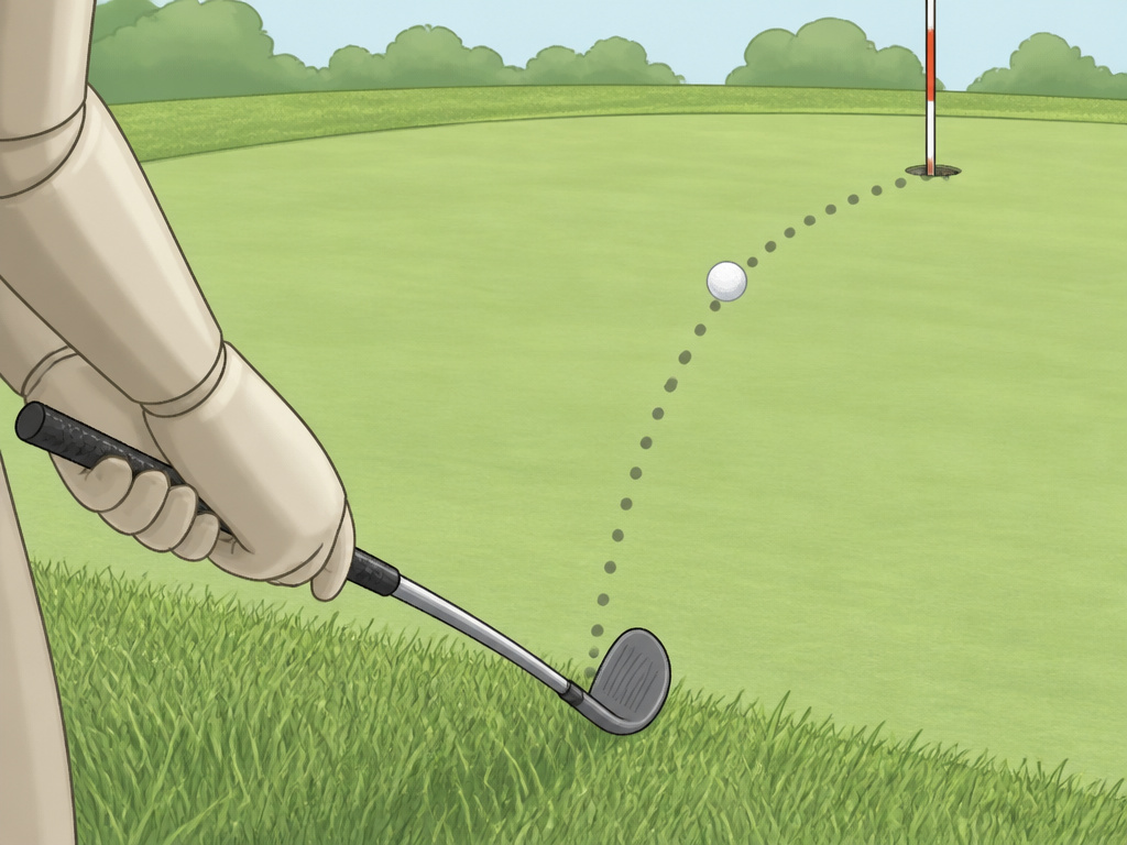 Golfer using a hybrid club for a low bump and run chip from the fringe