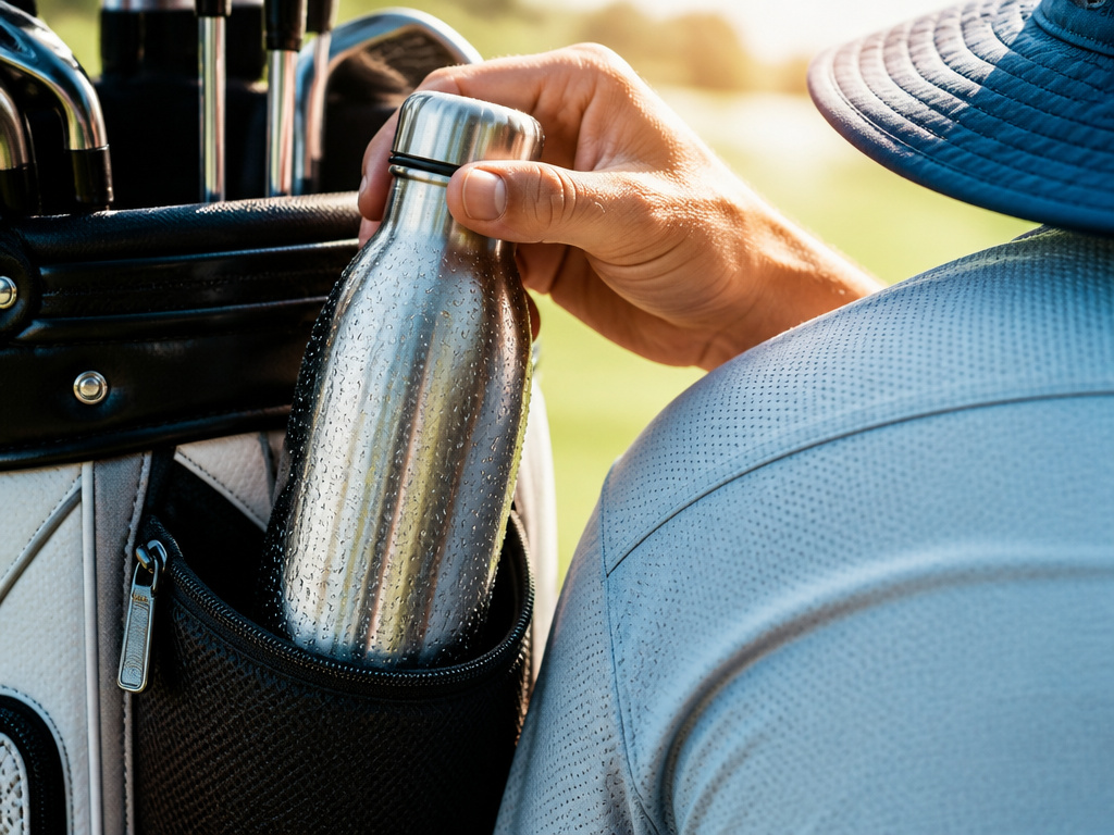 Insulated water bottle being placed in a golf bag pocket for on-course hydration.
