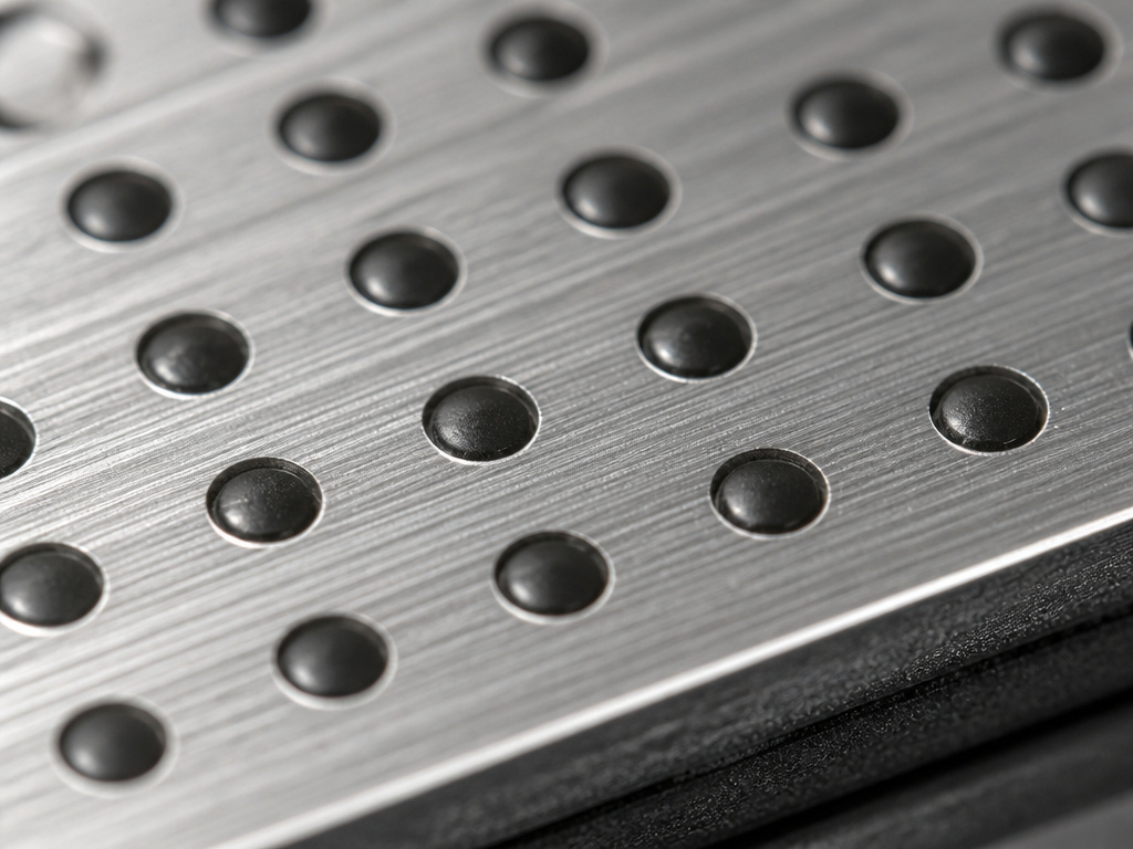 Close-up detail of a hybrid metal and polymer golf putter face insert.