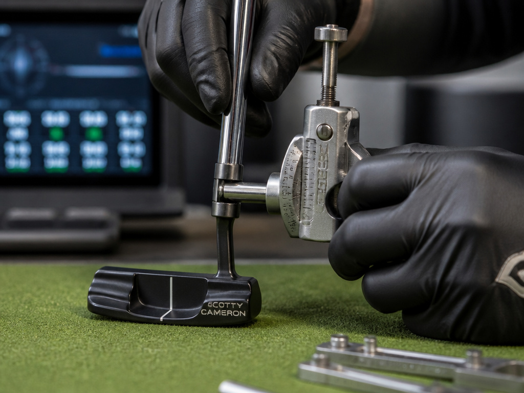 Professional golf fitter adjusting putter loft and lie angle during a session.
