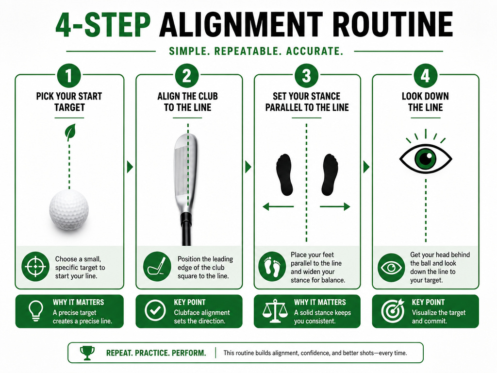Four-step infographic for integrating golf alignment into a pre-shot routine.