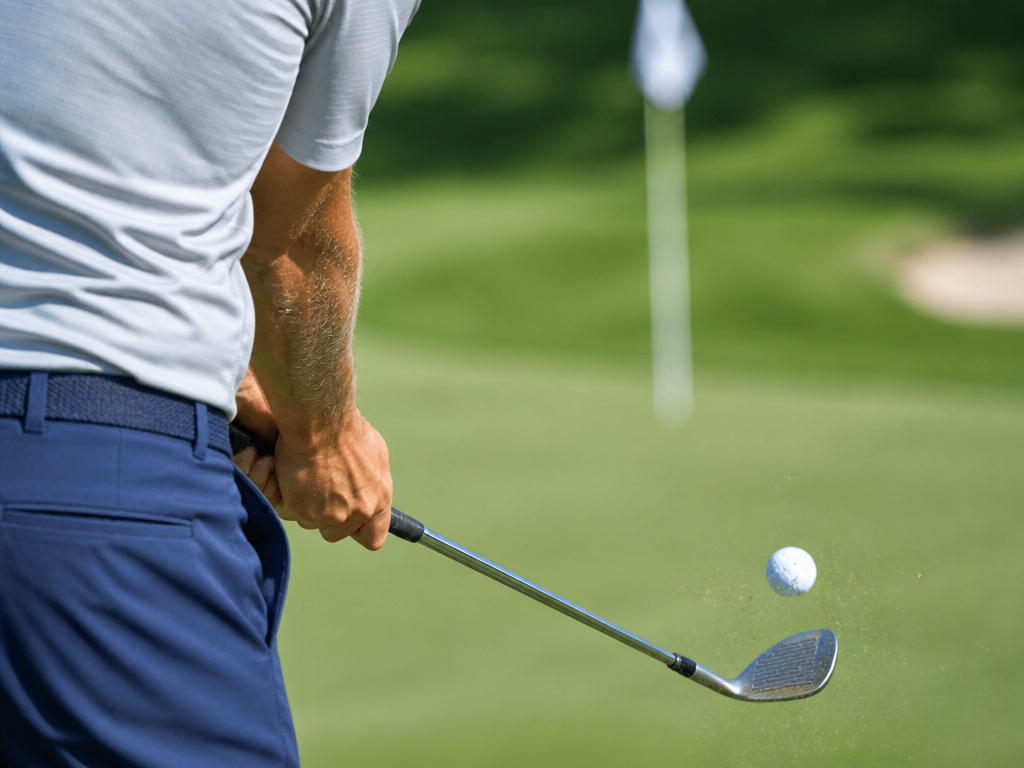 Golfer practicing feel-based distance control with a partial wedge swing, eyes closed.