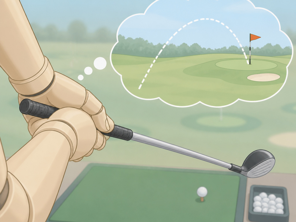 Golfer visualizing a shot during a pre-round warm-up routine.