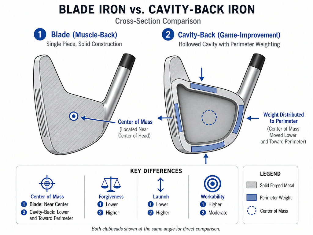Diagram comparing blade versus cavity-back golf iron design and weight distribution.