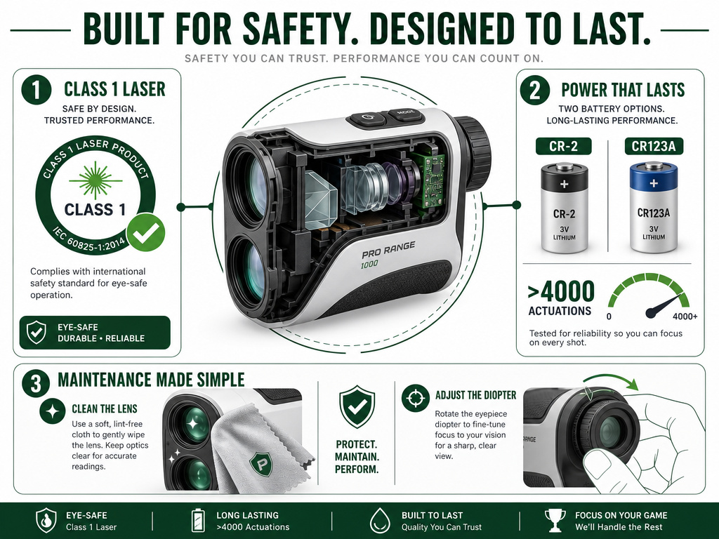 Golf rangefinder laser safety, battery types, and maintenance infographic.