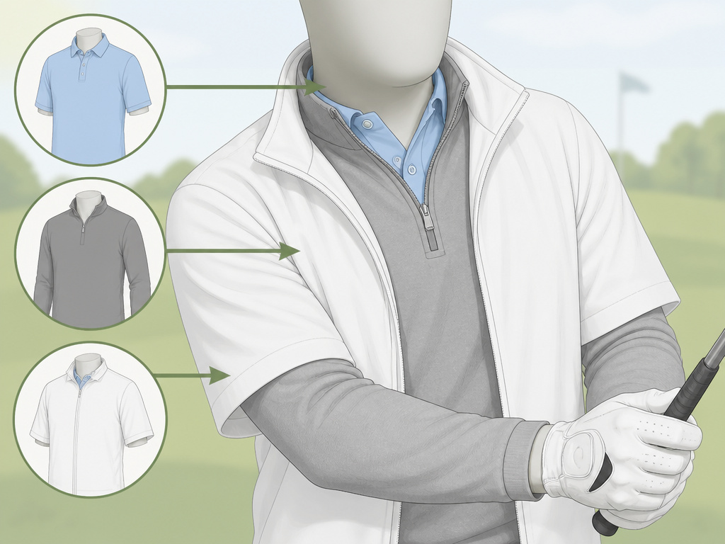 Layered golf clothing diagram showing polo, quarter-zip, and waterproof jacket.
